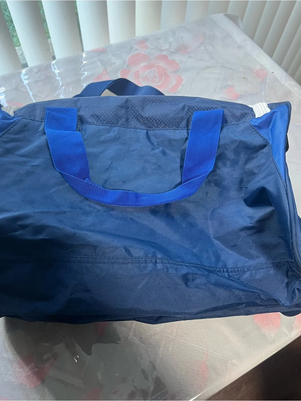 Men's Navy Blue Duffel Bag with White Trim and Dual Carry Handles